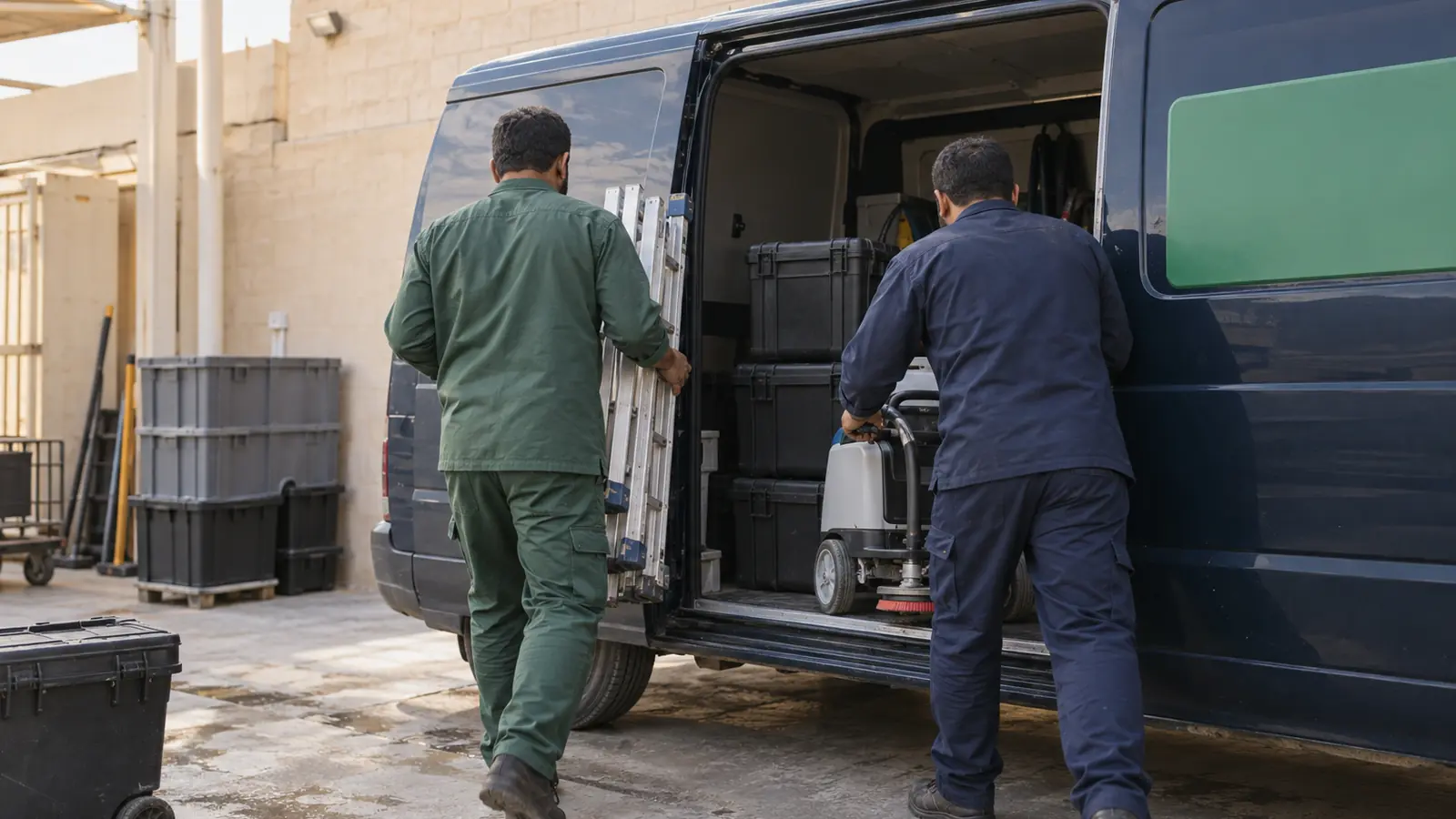 عمال يحمّلون معدات تنظيف وصيانة في سيارة خدمة قبل الخروج للعمل