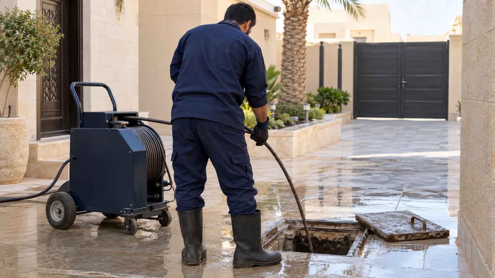 فني تسليك مجاري يستخدم السوستة في غرفة تفتيش