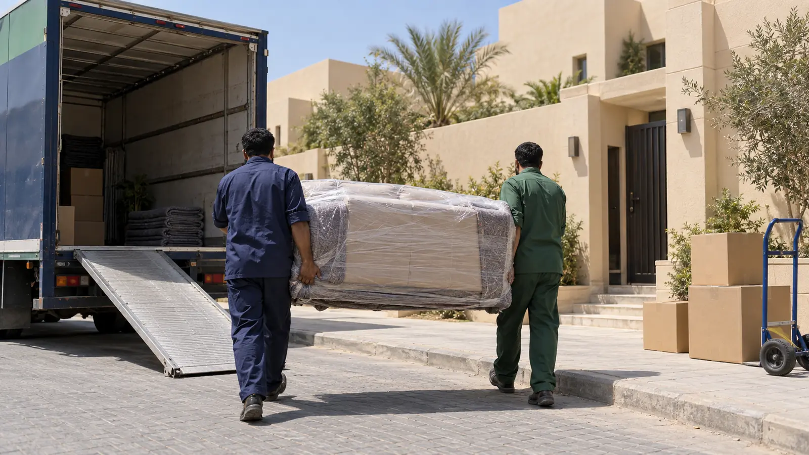 عمال خدمات منزلية ينزلون كنبة مغلفة من شاحنة نقل أمام فيلا