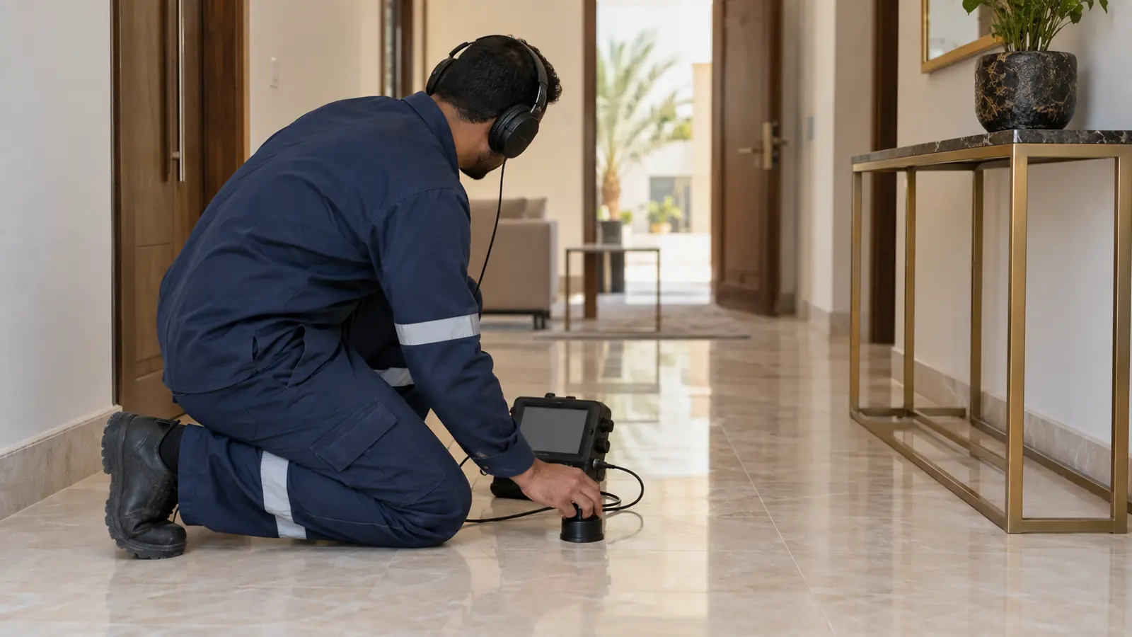 فني كشف تسربات المياه يستخدم جهاز استماع على أرضية