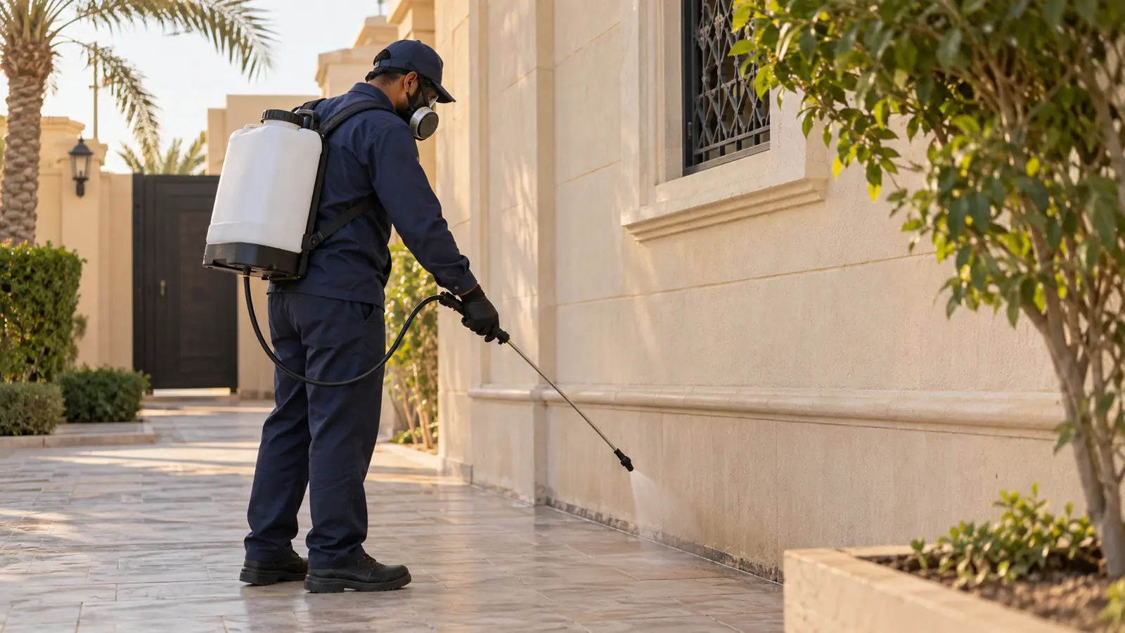 فني مكافحة حشرات يرش حول أساس فيلا