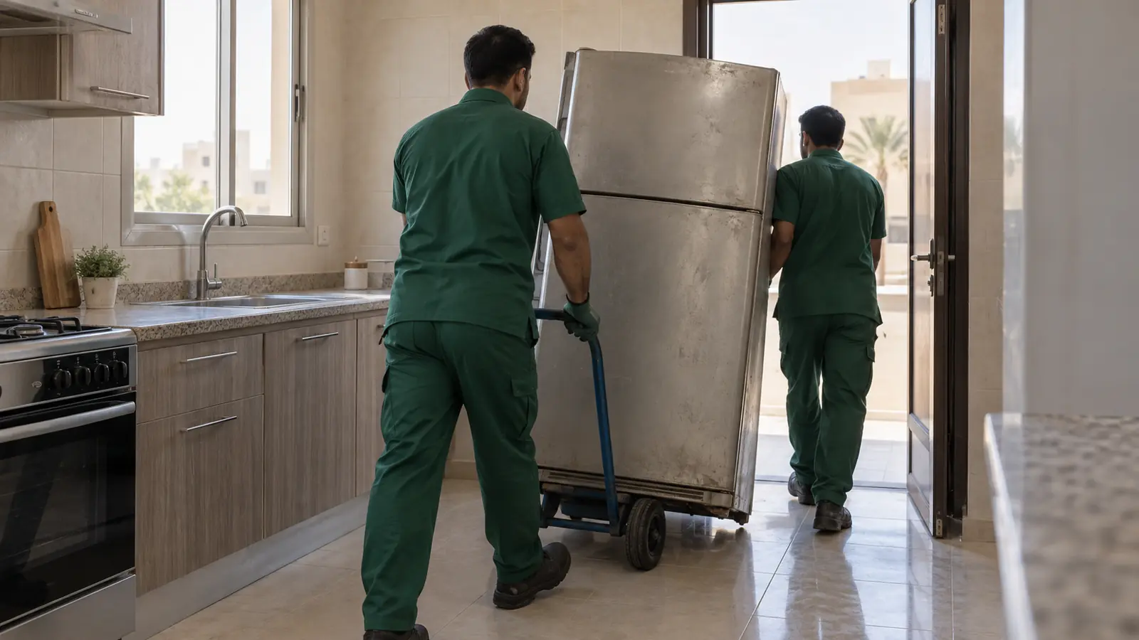 عمال شراء اجهزة كهربائية مستعملة ينقلون ثلاجة