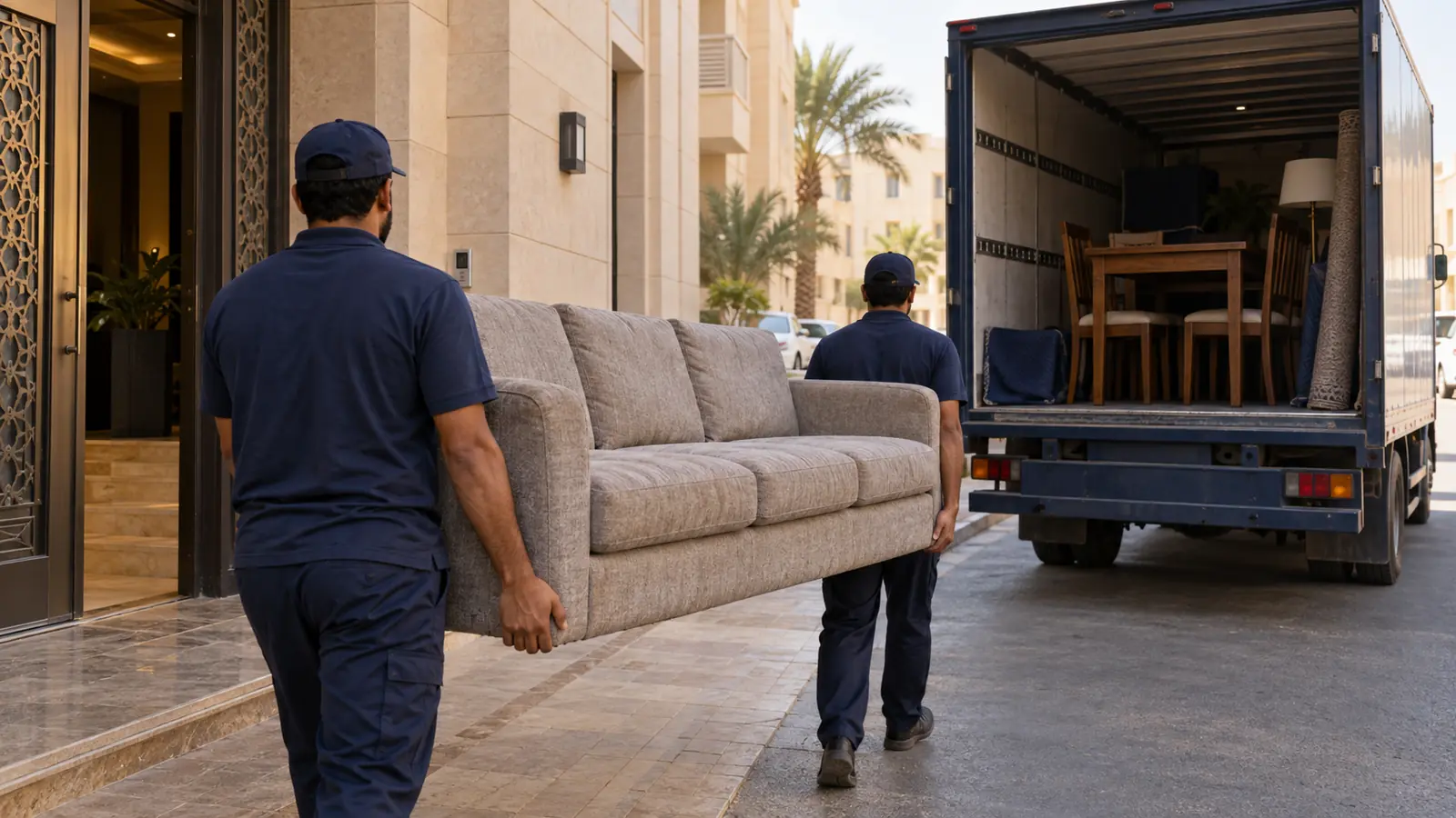 عمال شراء اثاث مستعمل يحملون كنب من شقة